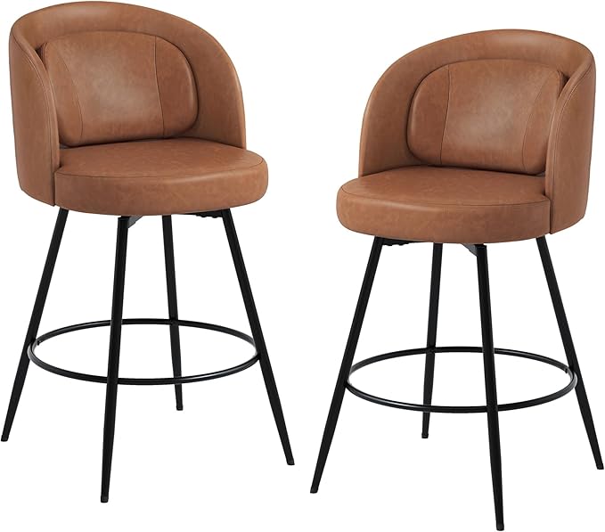 LUE BONA 26''H Swivel Bar Stools Set of 2, Counter Height Bar Stools with Backs, Lumbar Pillow and Black Metal Frames, Upholstered Modern Barstools for Kitchen Island, Faux Leather, Brown