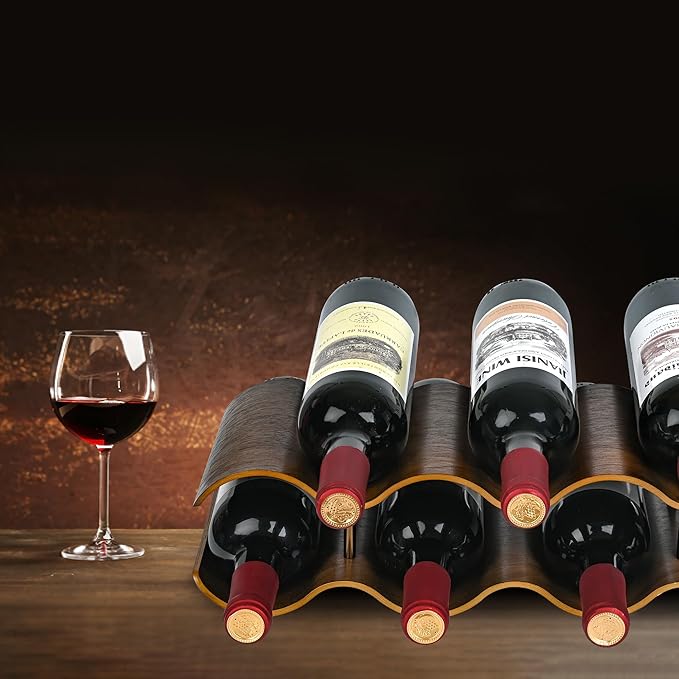 Countertop Wine Rack - 7 Bottle Freestanding Wine Bottle Holder Stand - 2 Tier Wooden Wine Storage Rack - Walnut Wavy Wine Organizer for Cabinet Pantry Home Kitchen Bar