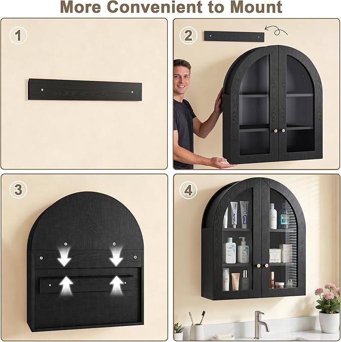 Arched Wall Cabinet, Bathroom Cabinet Wall Mount with Glass Doors & Adjustable Shelf, Floating Medicine Cabinet for Bathroom, Kitchen, Living Room Storage, Black