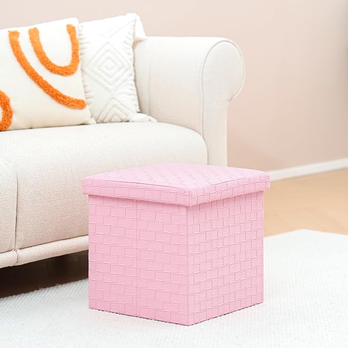 B FSOBEIIALEO Storage Ottoman, Faux Leather Footrest Seat, Ottoman with Storage Cube, Storage Box 15"x15"x15" (Pink, Medium)