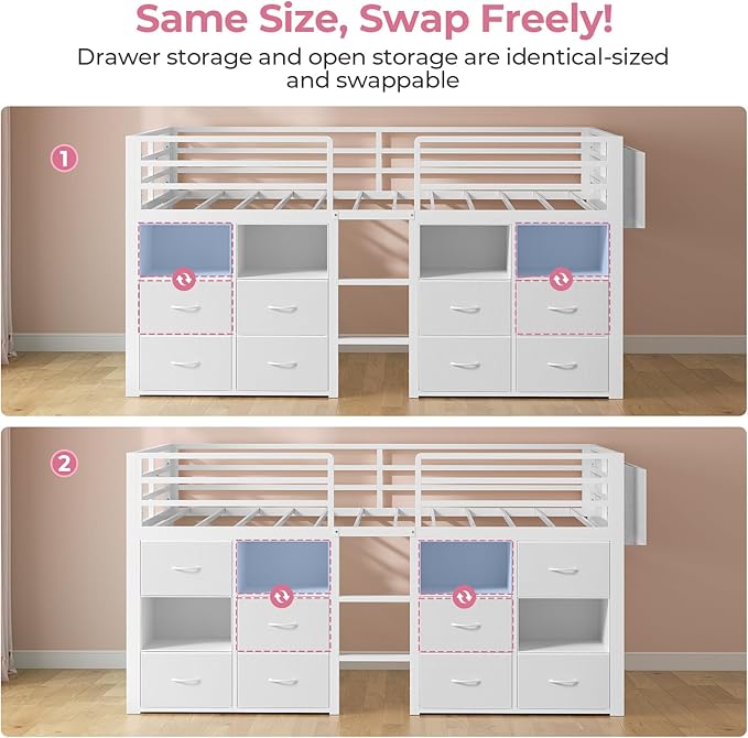 ADORNEVE Low Loft Bed Twin Size with 8 Storage Drawers, Twin Loft Bed with Bookcase and LED Lights, Metal Kids Loft Bed with 14" H Safety Guardrail, Under-Bed Play Space, No Box Spring Needed, White