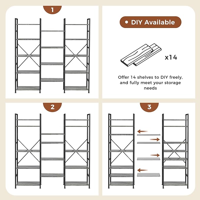 SUPERJARE Triple Bookshelf, Bookcase with 14 Open Display Shelves, Wide Book Shelf Book Case for Home & Office, 5 Tier, Grey