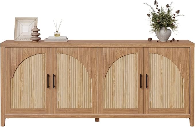 Bestier 70" Sideboard Buffet Cabinet with Storage, Large Modern Storage Credenza with Arch Fluted Doors & Adjustable Shelves, Farmhouse Wood Coffee Bar for Living Room, Kitchen, Entryway, English Oak