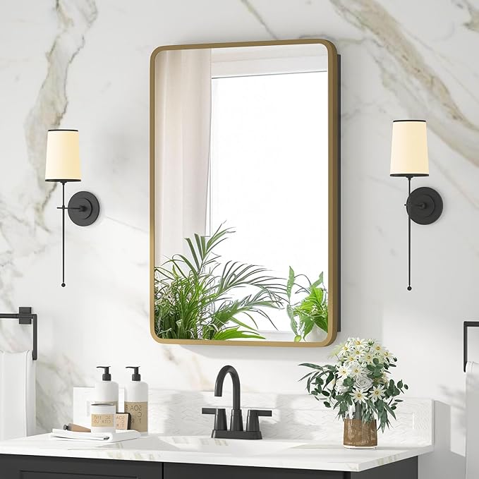 Bathroom Medicine Cabinet with Mirror 16 x 24 Inch, Brush Gold Medicine Cabinet Recessed or Surface Wall-Mounted, Mirrored Cabinets with 2 Adjustable Shelves for Bathroom Vanity