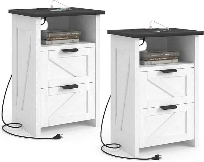 Farmhouse Night Stand Set of 2 with Charging Station, Bedside Table w/2 Drawers & Storage, Rustic End Tables for Bedroom, Living Room, Small Spaces, Home Office, White