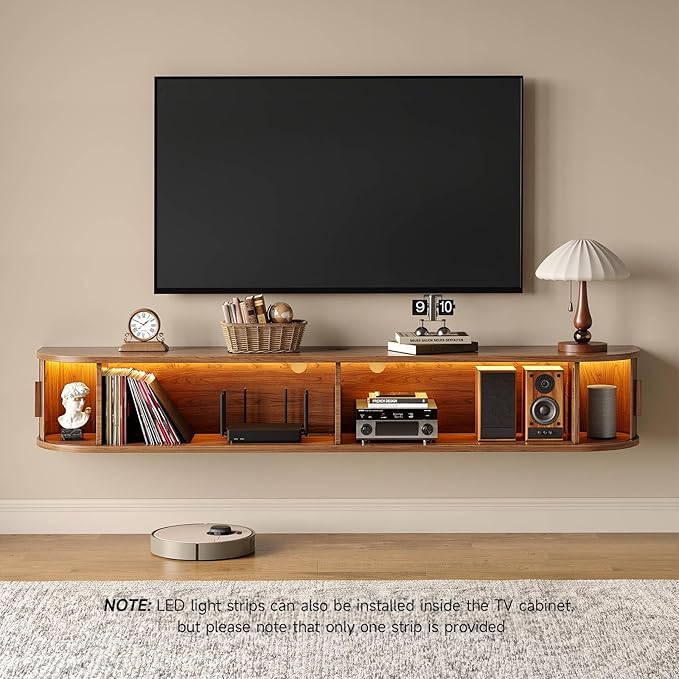 63" Floating TV Stand with Power Outlet for TVs up to 75", Fluted Entertainment Center with Remote Control for LED Lights, Mid-Century Modern TV Console w/Sliding Door for Living Room, Bedroom Walnut