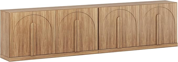 BELLEZE Set of 2 Bijou 64" Modern Buffet Sideboard, Mid-Century Arch Carved Wood Door Cabinet, Textured Storage Console for 75 inch TV, Living Room, Dining Room, Entryway - Camel