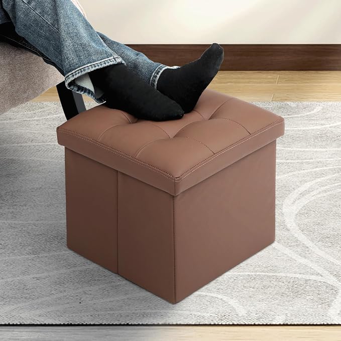 MoNiBloom Folding Storage Ottoman Cube, 15 Inches Small Ottoman with Storage, Footstool Rest Padded Seat for Living Room, Bedroom, Entryway, Hallway, Brown