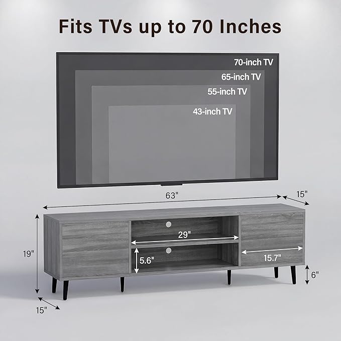 JUMMICO Mid-Century Modern TV Stand for 65-70 Inch TVs, 63 Inch Media Console with Storage, Entertainment Center with Push-Open Cabinets and Cable Management for Living Room (Grey, 63 Inches)