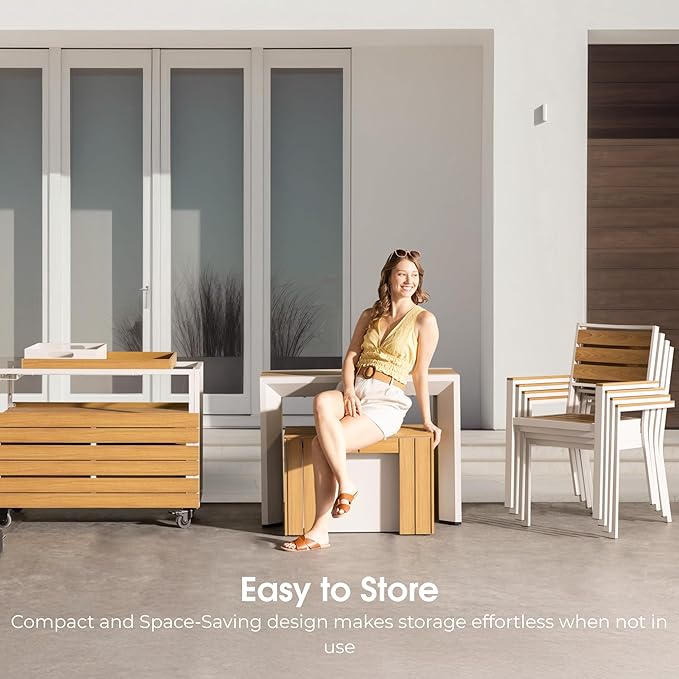 Transformer Table - Extendable Outdoor Dining Set up to 12, Expandable Patio Table, Weather-Resistant Patio Furniture, Light Oak, Natural (Table + Bench + 4 Chairs)