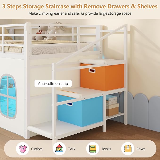 DICTAC Low Loft Bed with Slide,Storage Stairway and Led Lights Metal Twin Size Loft Bed with Under-Bed Play Space,Art Table & Play Curtain Twin Beds with 2 Drawers and 13.8''H Safety Guardrail,White