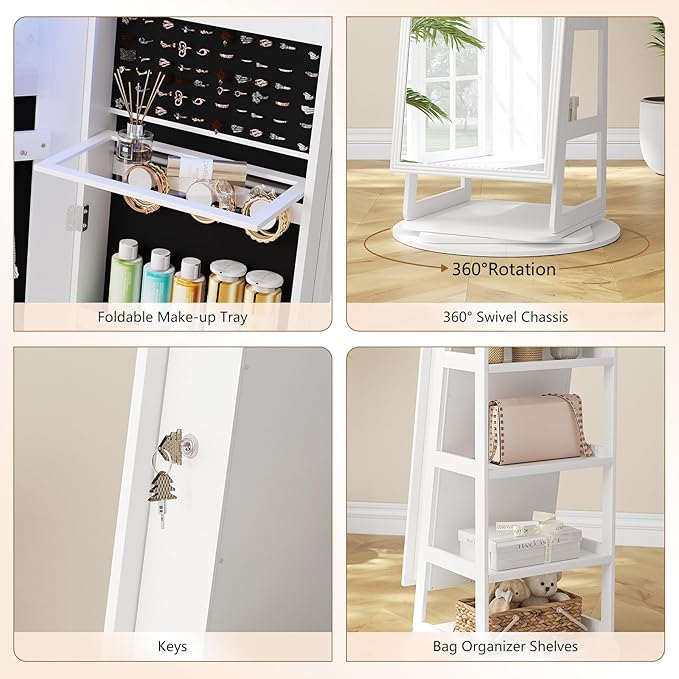 HWB LED Mirror Jewelry Cabinet, 360° Swivel Jewelry Organizer Standing, Arched Wide Full-Length Mirror with Storage Shelves, Interior Mirror, Gift Jewelry Armoire for Lady Girls