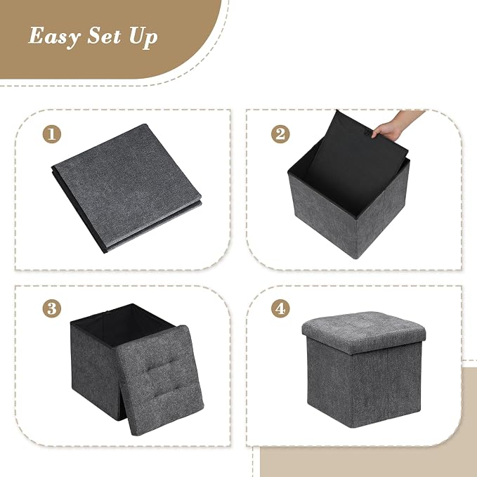 Athena Collection Line Square Ottoman with Storage, 15 Inch Small Storage Ottoman, Multipurpose Footstool Foot Rest for Living Room, Bedroom, Dorm, Dark Grey