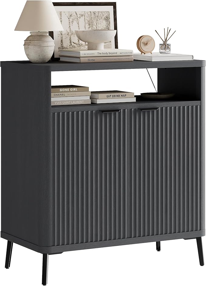 Fatmok Fluted Buffet Cabinet with Storage, 31.4" Wide Wood Sideboard Credenza with 2 Doors & Open Storage Shelf, Modern Coffee Bar Table for Living Room Kitchen Dining Room,Black Grey