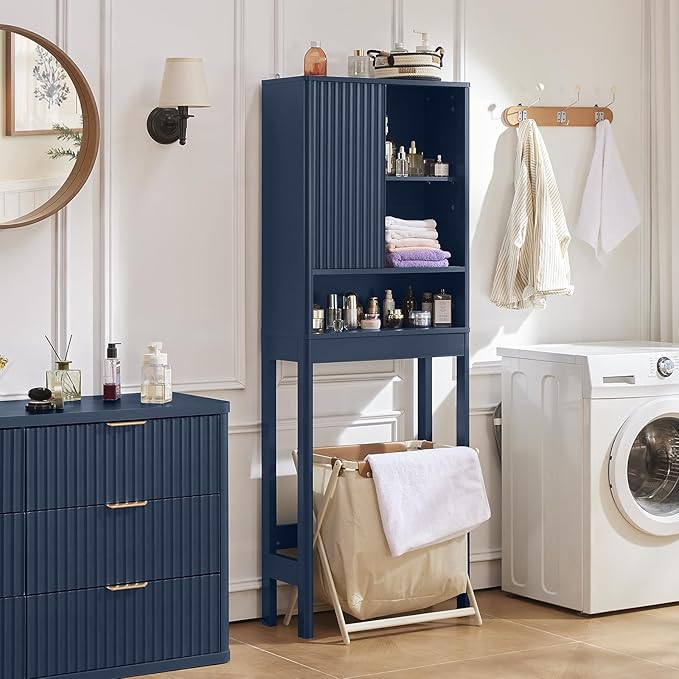 LEYAOYAO Fluted Over The Toilet Storage Cabinet, Farmhouse Over Toilet Bathroom Organizer with a Sliding Door, 68" Tall Blue Freestanding Washer Shelf with Adjustable Shelf & Curved Profile