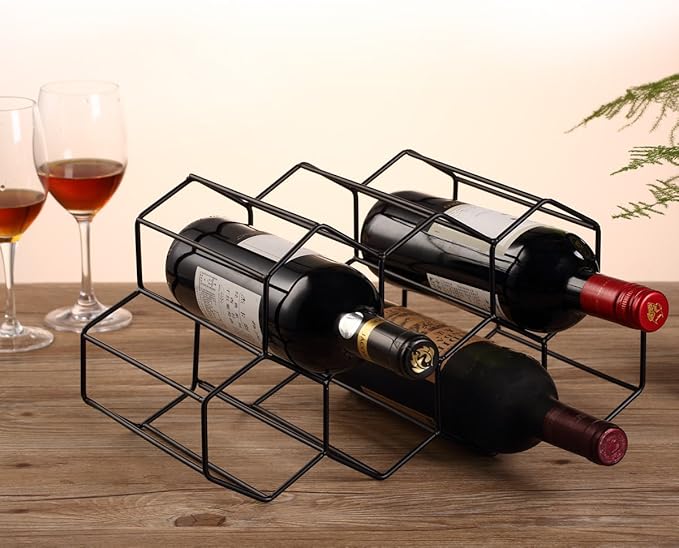 Buruis 9-Bottle Countertop Wine Rack, Honeycomb Metal Wine Holder for Red & White Wines, Standing Bottle Organizer for Home, Kitchen, or Bar, Black