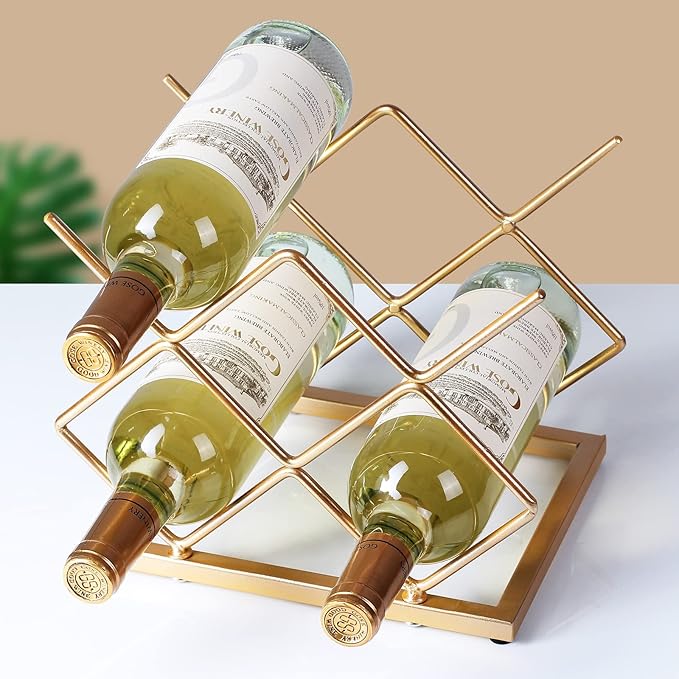 Countertop Wine Rack - 5 Bottle Freestanding Modern Gold Metal Small Wine Rack - Tabletop Wine Holder Stand for Cabinet, Pantry, Wine Bottle Storage…