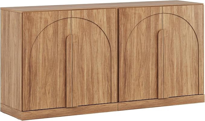 BELLEZE Set of 2 Modern Buffet Cabinets (63" Wide)-Large Sideboard Credenza with Arched Doors-Seamless Hidden Storage Console for Dining Room & Living Area-Camel