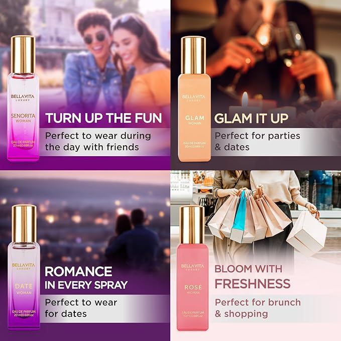 Bellavita Luxury Women's Perfume Gift Set with Rose, Senorita, Date, and Glam | 80ml | Perfume for Women | Pink Pepper, Yuzu, Floral Peach, and African Orange Notes | Long Lasting Women's Fragrance