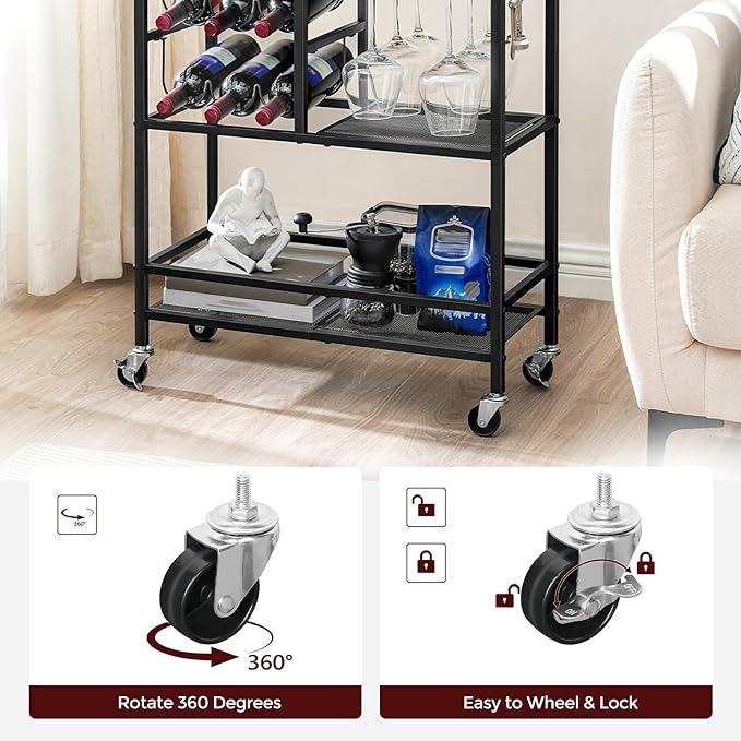 MAHANCRIS Bar Cart for Home, 3-Tier Serving Cart with Wheels and Handle, Beverage Cart with Wine Rack and Glass Holders, Rolling Wine Cart for Kitchen, Dining Room, Charcoal Gray and Black RCHT6101