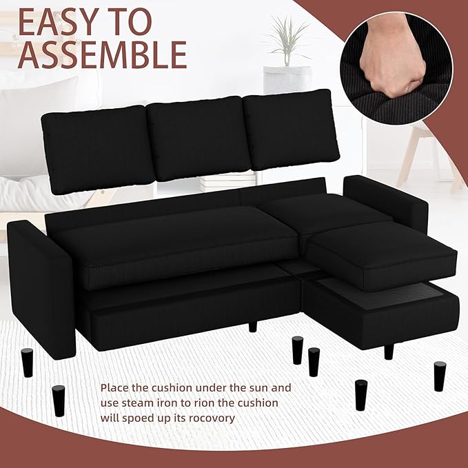 Nuturelly Modern Convertible Sectional Sofa Couch with Reversible Chaise, 3-Seater L-Shaped Small Space Couch for Living Room, Apartment & Office, Compact Fabric Sofa with Movable Ottoman, Black