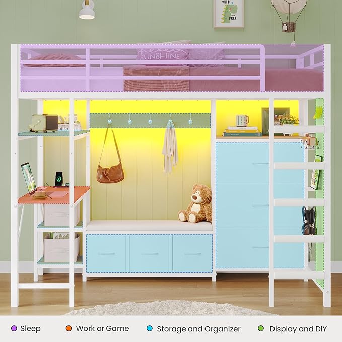 DICTAC Twin Loft Bed with 6 Storage Drawers,Coat Rack and Open Shelves Metal Twin Size Loft Bed with Desk,Charging Station and LED Light,loft beds with Large Pegboard,Stairs and Safety Guardrail,White