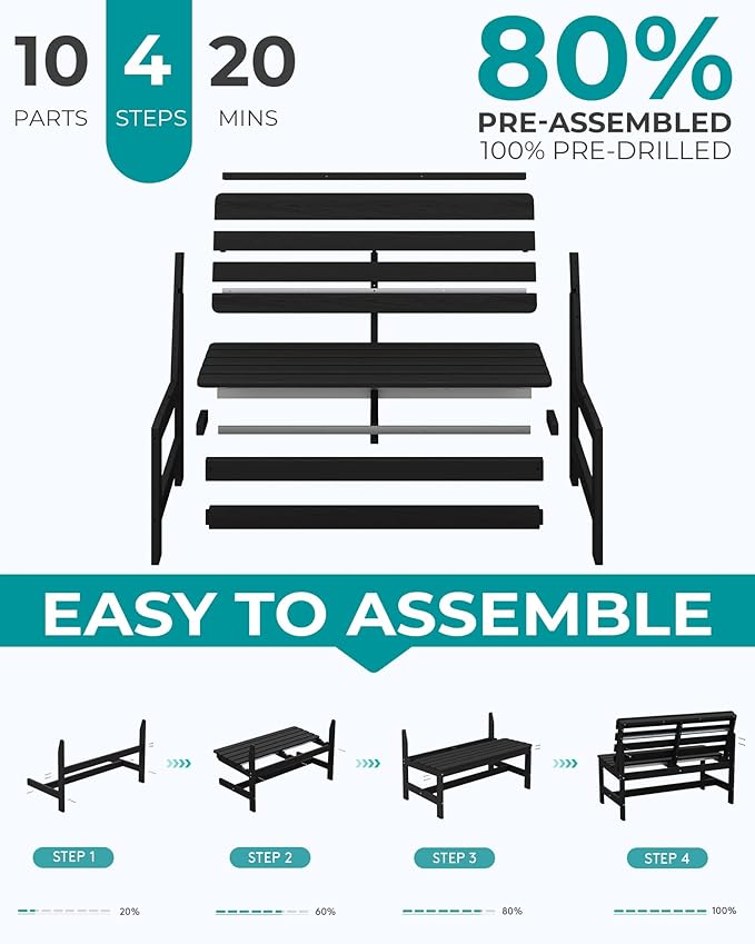 SERWALL Outdoor Bench, All Weather HDPE Outdoor Benches, 2-Person Armless Porch Bench with 600 lbs Weight Capacity, Patio Benches for Outdoors, Porch, Park and Dining, Black, 2 Pack