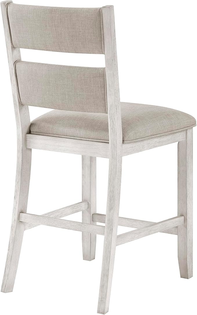 Lexicon Counter Height Chairs, Set of 2, Wooden Kitchen Chairs with Light Gray Textured Fabric Upholstered Seats and Back Rest, Counter Stools for Kitchen/Dining Room, 25.5" SH, Brushed Antique White