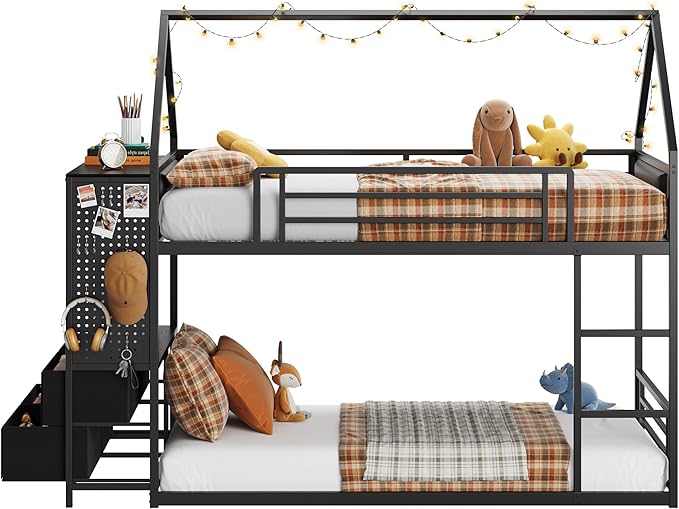 LIKIMIO Bunk Bed Twin Over Twin, House Bed Frame with 6 Storage Drawers,Hall Tree, Twin Bed with Metal Slats for Dormitory and Bedroom, Space Saving, No Box Spring Needed, Black