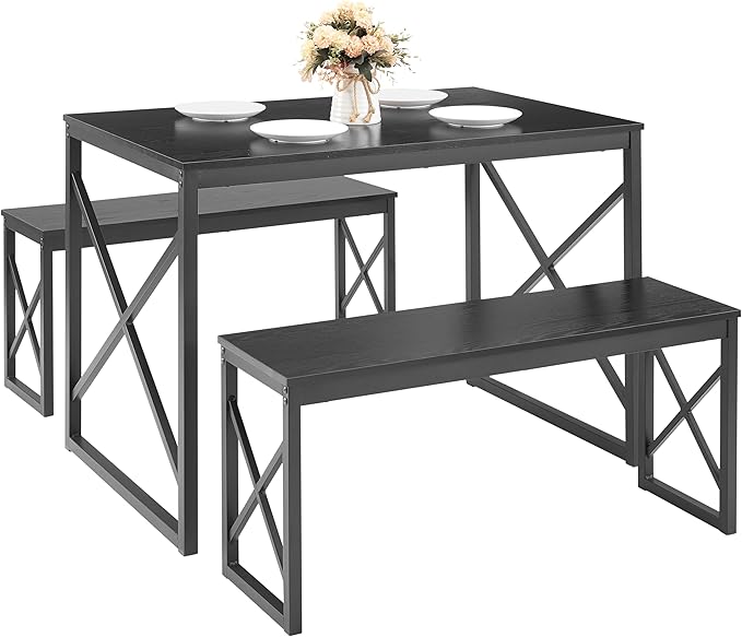 VECELO 43.3" Kitchen Dining Table Set for 4, Heavy-Duty Steel Frame & Wood-Grain Tabletop, Space-Saving Dinette Sets with 2 Benches for Breakfast Nook and Small Space, Black