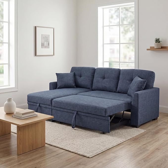 Convertible Sofa Bed, L Shape Sleeper Sofa with Reversible Storage Chaise, Tufted Fabric Sectional Sleeper Sofa with Pull Out Bed for Small Space, Living Room, Apartment, Dark Blue