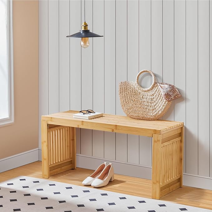 HOOBRO Bamboo Dining Bench, 35 inch Farmhouse Kitchen Table Bench, Solid Bamboo Dining Room Bench for Kitchen, Living Room, Hallway, Bedroom, Natural YL16CD01