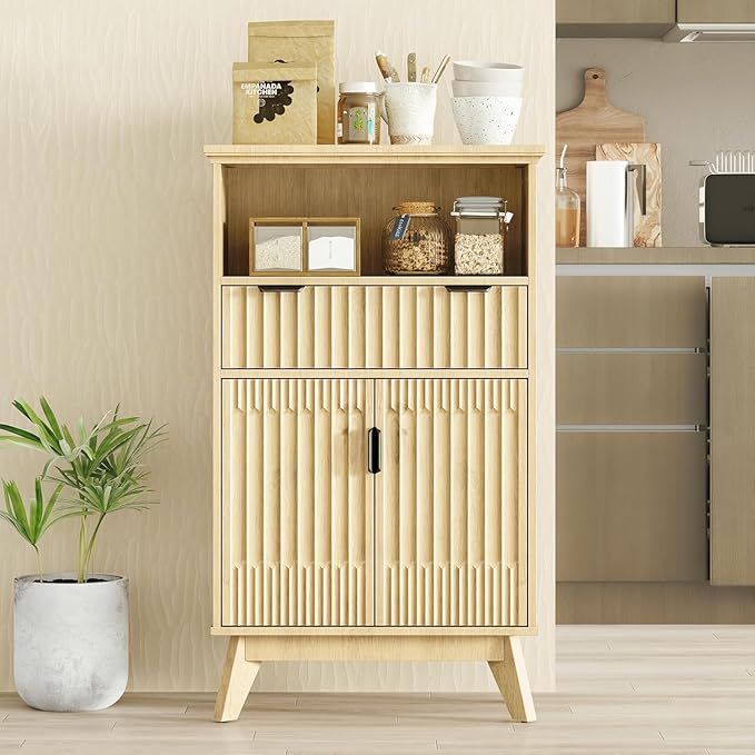Fatmok Buffet Cabinet with Storage Seto of 2, 40" Modern Fluted Coffee Bar Cabinet with Drawer & Open Shelf, Wood Buffet Sideboard Console Table for Entryway, Kitchen, Living Room (Natural Wood)