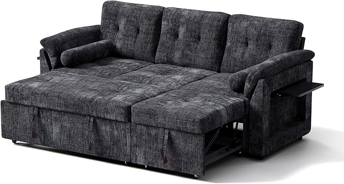 Convertible Sleeper Sofa Bed, 63 Inch Chenille Pull Out Couch with Side Table & Adjustable Backrest, Sectional Sleeper Sofa with Pull Out Bed for Living Room, Apartment, Black