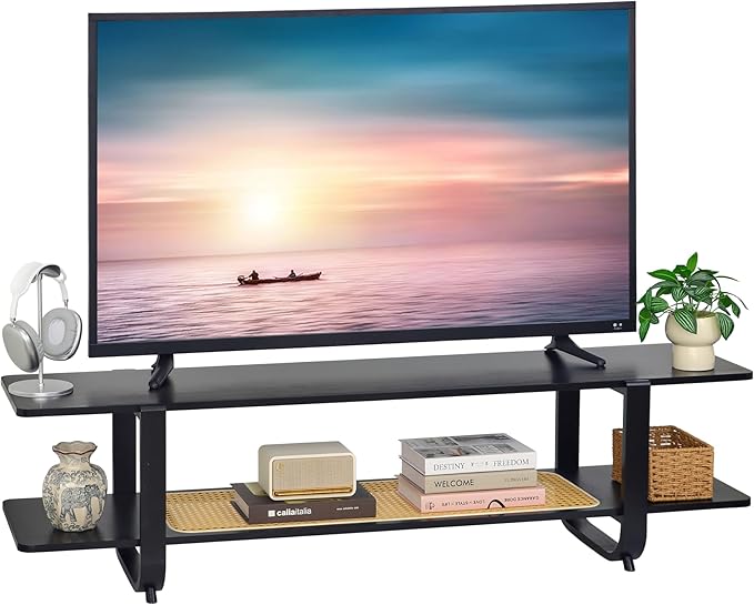 Bamboo TV Stand for TVs up to 65", Accent Entertainment Center with Storage, Media Console Table with Shelf, Modern TV Stand for Living Room, Bedroom, 54.3"(L), Black