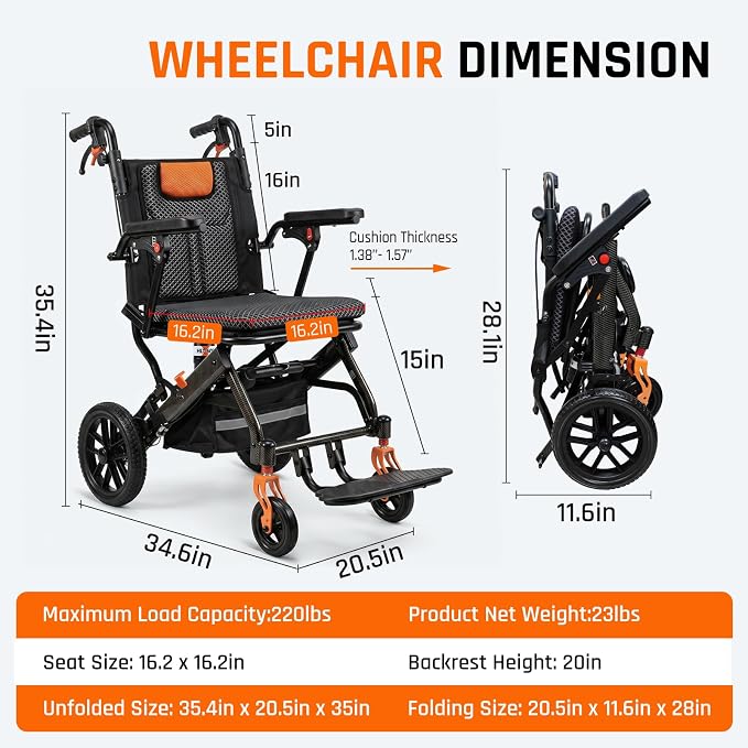 SOFTFISH Transport Wheelchair with Telescopic Rod, Wheelchairs for Adults with Foldable Footrest and Armrests, Narrow Wheelchair for Tight Spaces, Wheel Chair for Adults Seniors, Travel, Outing