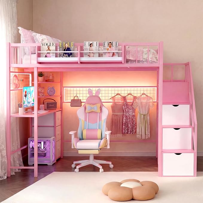Kikihouse Full Size Loft Bed with Desk and Stairs, Headboard, Wardrobe, Bedside Storage Shelf, 6 Drawers, Charging Station & LED Light, Metal Gaming Loft Bed Frame for Adult Space-Saving