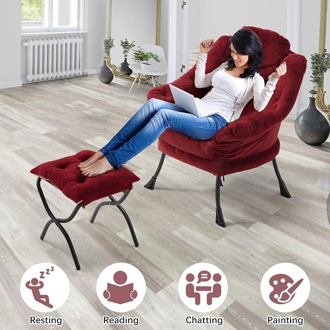 Lazy Chair with Folding Ottoman,Leisure Sofa Chair,Soft Fabric Armchair with Armrests and Side Pockets, Reading Chair with Footrest for Living Room, Bedroom, Office (Plush Red)