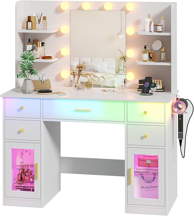 Vanity Desk with Mirror and Lights, Charging Station, Makeup Vanity with 5 Drawers & 4 Open Storage Shelves, White Vanity Table with RGB Cabinets & Hairdryer Holder, Large Dressing Table for Women