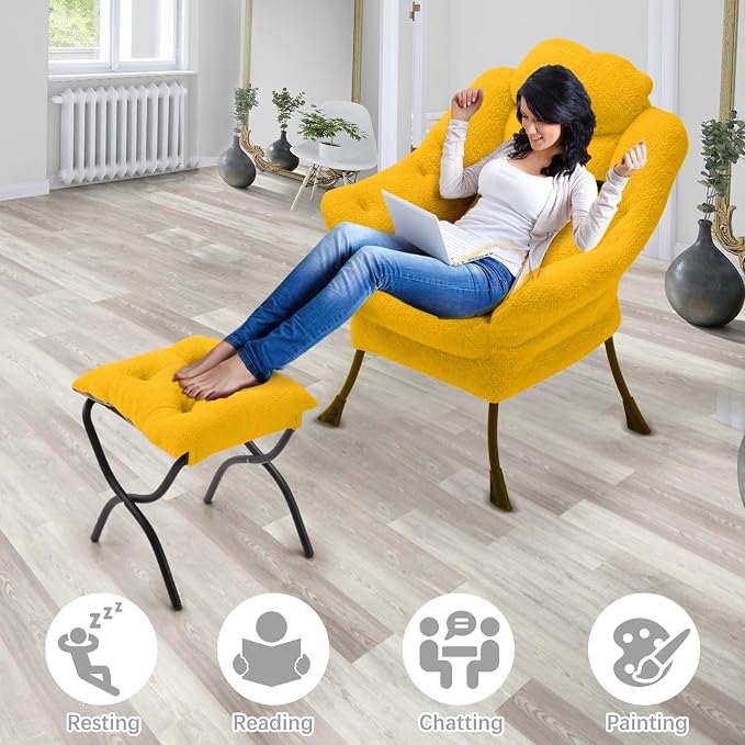 Lazy Chair with Folding Ottoman,Leisure Sofa Chair,Soft Fabric Armchair with Armrests and Side Pockets, Reading Chair with Footrest for Living Room, Bedroom, Office (Plush Yellow)