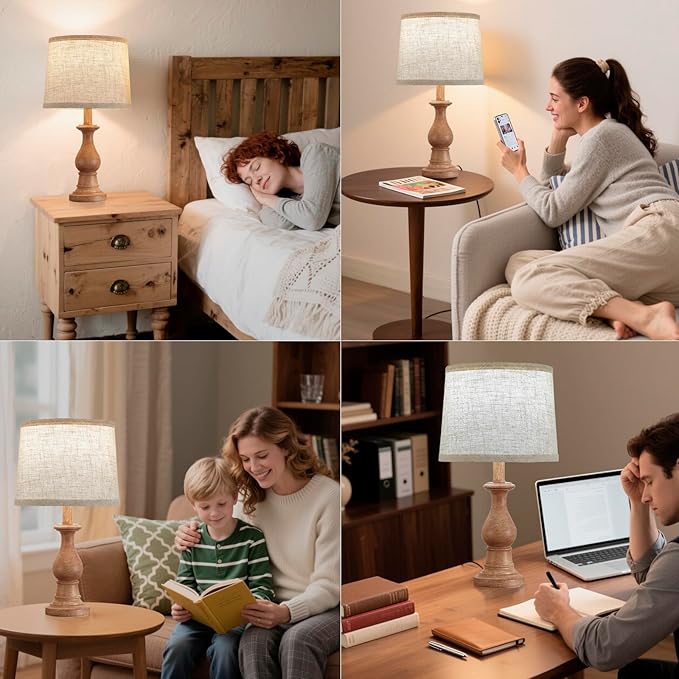 Vintage Table Lamp for Living Room Bedroom, 18.5" Farmhouse Bedside Lamps Nightstand Lamp Set of 2, Table Lamps with Oatmeal Linen Lamp Shades, 2 LED Bulbs Included, Wood Grain