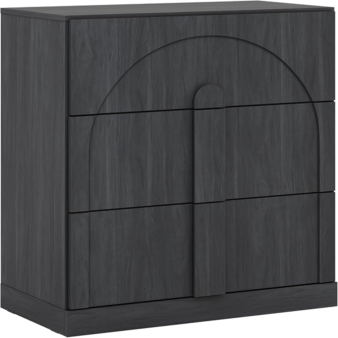 BELLEZE Sideboard Cabinet with 3 Drawers, Modern Wood Buffet Cabinet with Arc Design, Large Fluted Sideboard with Storage for Dining Room Living Room Entryway, Ebony
