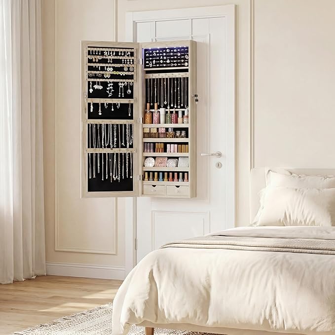 DUMOS Jewelry Armoire Cabinet with Full Length Mirror, 47.2" Tall Wall Mounted or Over the Door Jewelry Organizer with 33 Necklace Hooks, Lockable Large Capacity Jewelry Armoire with Drawers, Khaki