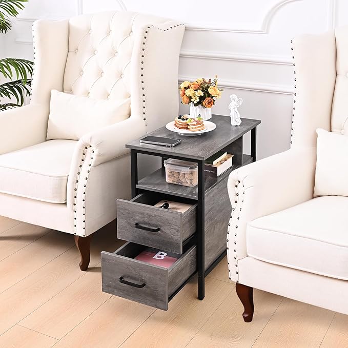 Livofloral Side Table, Gray End Tables with Charging Station, Narrow End Table with Wooden Drawers, USB Ports and Power Outlets, Nightstand and Bedside Table, Side Table Living Room, Bedroom