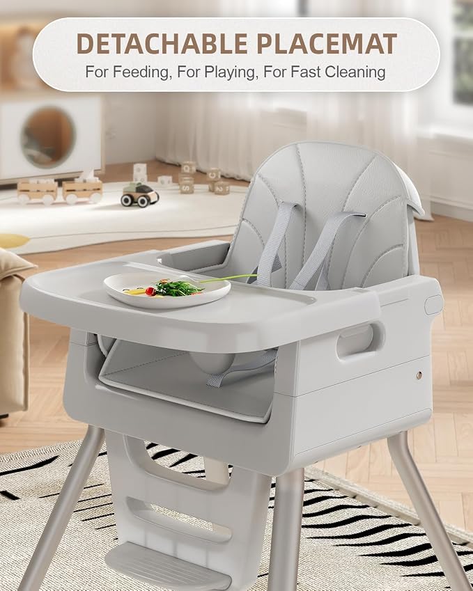 Baby High Chair for 6 Months+, Foldable High Chairs for Babies and Toddlers, Convertible High Chair, Adjustable Tray & Footrest, Portable High Chair & Easy to Clean(Gray)