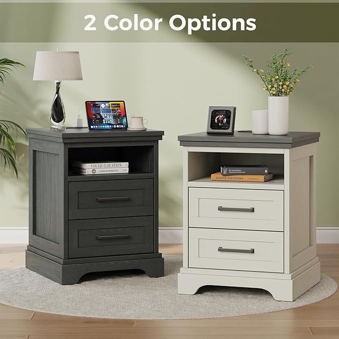 DUMOS Nightstand with Charging Station, Wood Farmhouse Bedside Table with 2 Drawers and Open Shelf, Wood End Table, Modern Side Table for Bedroom, White