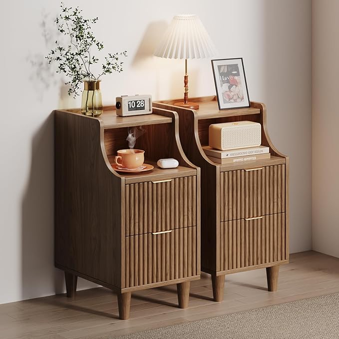Narrow Nightstand Set of 2,11.8" Fluted Bedside Table Set of 2, Slim Side End Table with 2 Drawers, Wooden Bedside Table, Mid Century Modern Night Stand for Bedroom Livingroom Sofa Office