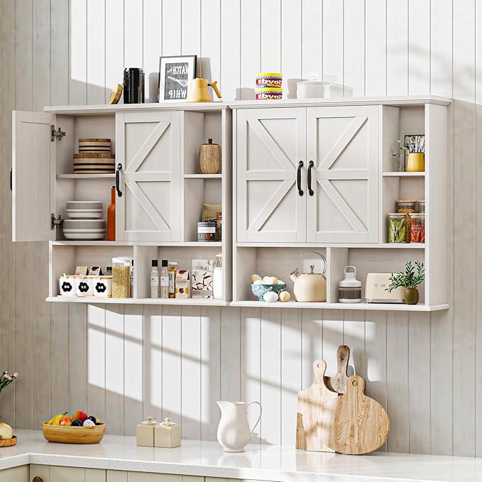 Vabches Bathroom Wall Cabinet, Farmhouse Medicine Cabinet with Double Barn Door and Adjustable Wood Shelf, Over The Toilet Storage Cabinet for Wall Mounted for Bathroom Laundry Room Kitchen (White)