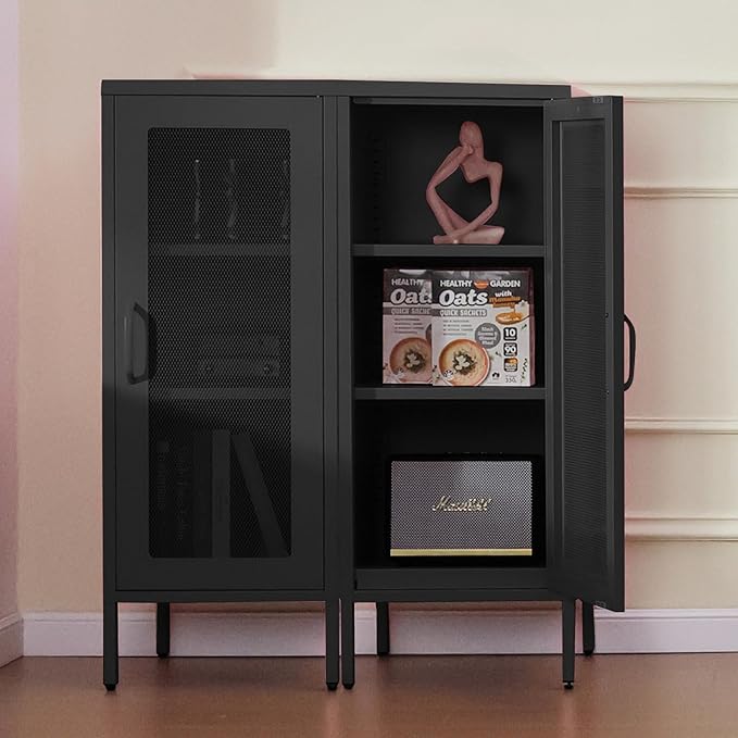 Slim Metal Storage Cabinet with Mesh Doors - 42'' Tall Narrow Organizer Tower, Compact Freestanding Cabinet, Versatile Utility Storage for Home, Office, Kitchen, Living Room, Durable and Modern Design