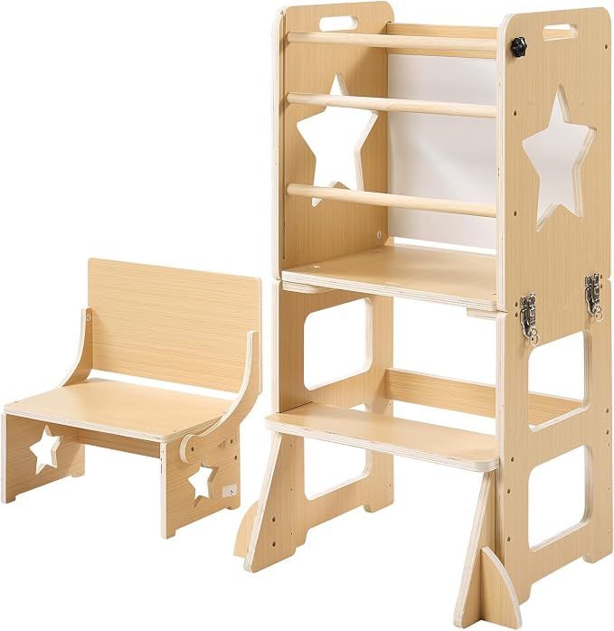 VEVOR 6-in-1 Toddler Kitchen Step Stool, Foldable Standing Tower with Blackboard & Whiteboard, Wooden High Chair for Toddlers, Kitchen Stool Helper with Detachable Stool, Montessori Table and Chair